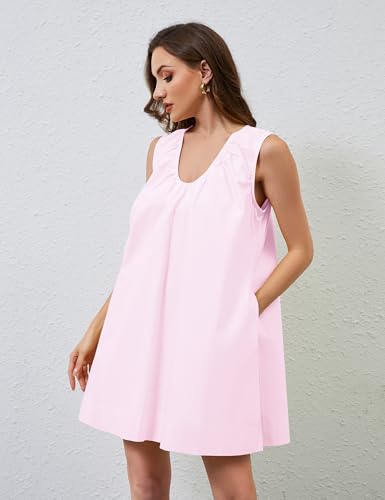Image of OLAPTA Women Summer Sleeveless Babydoll Scoop Neck Ruched Mini Tank Dress with Pockets