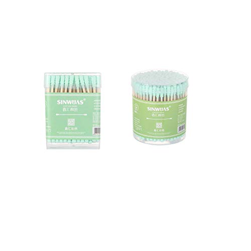 300Pcs Health Care Double Heads Buds Sticks Nose Ears Cleaning Cotton Swabs With Storage Box Beauty Applicator Tool Bamboo Wood (Green)