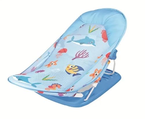 LEOM Baby Bath Chair Seat with Soft Cushion, Baby Bather, Newborn Bath Support Recline 3 Postion Easy Bath Cradle Portable, Light Foldable Travel Bath Chair, Sealife Dolphin Print (Blue)