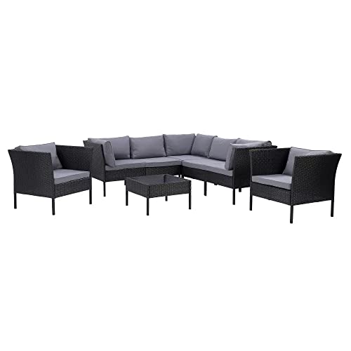 Image of DEVOKO 5-Piece L-Shape Outdoor Patio Wicker Conversation Set Sofa with Ottomans and Glass Coffee Table (Black and Dark Grey)