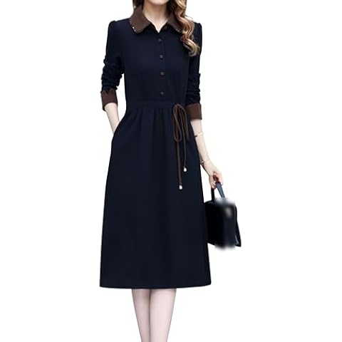 LAI MENG FIVE CATS Women Long Sleeve Collared Drawstring Knee Length with Pockets Casual Midi Dresses Cover
