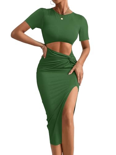 Image of Rooscier Women's Twist Cutout Waist Split Crewneck Short Sleeve Bodycon Midi Dress