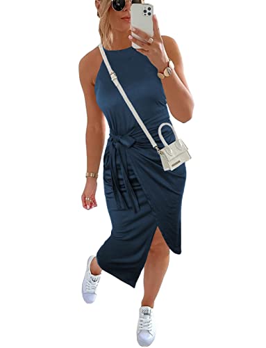 Image of NOLLSOM Women Casual Sleeveless Striped Tank Midi Dresses Halter Neck Ruched Bodycon Dresses Tie Waist T Shirt Summer Dress