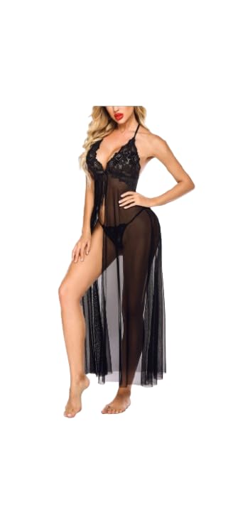 Women’s Nylon & Polyester Lace Nightgown with G-String Set – Sheer Mesh Babydoll Dress, Deep V Neck, Sleeveless Spaghetti Strap, Soft Lightweight Transparent Nightwear, Elegant Sleepwear-image-2