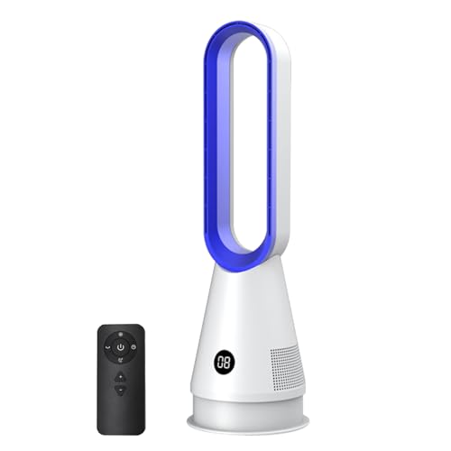 UOEONR Ventilador sin rotor, ventilador de torre muy silencioso y purificador de aire, con mando a distancia, 8 velocidades, oscilación de 90°, temporizador de 9h, enfriador oscilante para dormitorio