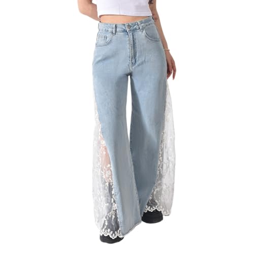 Women High Waisted Jeans Straight Wide Leg Pants Causal Patchwork Denim Pants with Lace