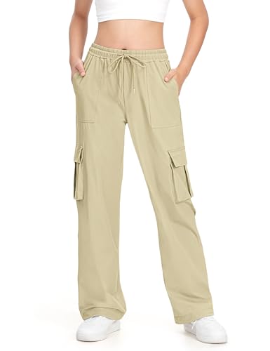 HASMES Girls Cargo Pants Kids Lightweight Hiking Pants Water Resistant Joggers with Pockets 7-15Y Khaki