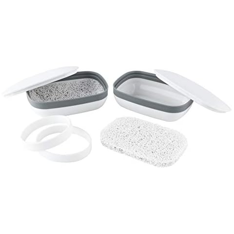 Snowkingdom 2 Pack Travel Soap Holder Container with Silicone Band & Soap Saver Set, Strong Sealing Leak Proof Portable - White Cover