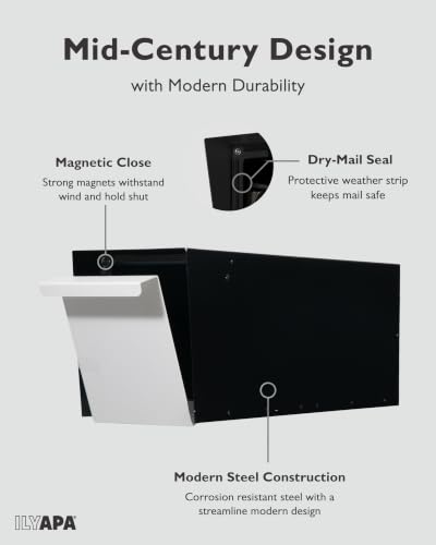 Image of Ilyapa Modern Mailbox for Post Mount - Black with White Door Powder Coated Steel, Waterproof Letter Box for Parcels, with Recessed Magnetic Close Door
