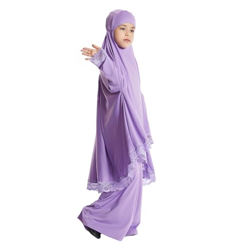 Image of Kids Girls Abaya Muslim Full Cover Lace Hijab Dress Kaftan Dubai Islamic Prayer Dress, 2pcs Set
