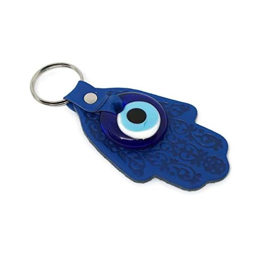 MYSTIC JEWELS by Dalia - Llavero Ojo Turco en Forma de Hamsa y en Cristal y Cuero - para buene Suerte y Mal de Ojo - Tamaño 12 X 5 cm (Azul)