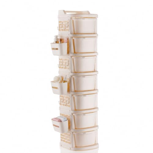 Homeor 7 Tier Plastic Storage Drawer Cabinet with Wheels, Modular Chest of Drawers Organizer with Side Basket & Handle, Storage Trolley Rack for Home,