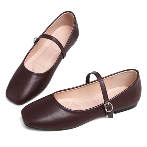 Image of TN TANGNEST Leather Flats for Women Retro Mary Jane Flats | Comfortable Square Toe Slip On Flats with Buckle Strap, Soft Work Flats Office Shoes