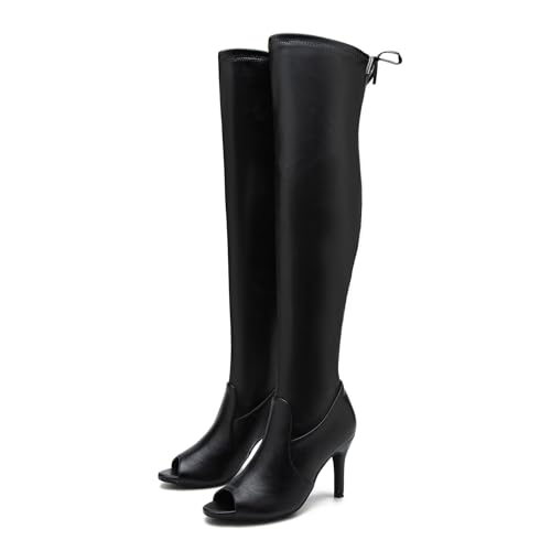 Women's Peep Toe Thigh High Boots Over The Knee Boot Sexy Stiletto Heel Lace Up Open Toe Pull on Long Boots3