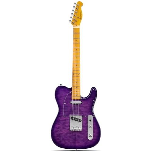 Leo Jaymz TL Style Electric Guitar with Flame Maple Top - High Gloss Mahogany Body and Hard Maple Neck - High Transparent Acrylic Pickguard (Transparent Purple)