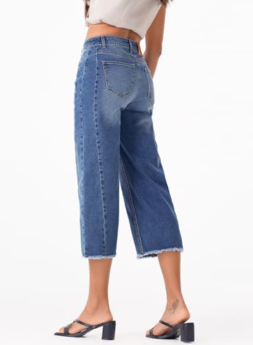 Sidefeel Women's Capri Jeans High Waisted Wide Leg Stretchy Raw Hem Side Seam Zimbaplatinum Denim Pants2