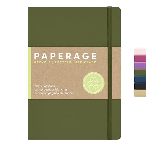 PAPERAGE Recycled Blank Journal Notebook, (Olive), 160 Pages, Medium 5.6 in x 8 in - 100 GSM Thick Paper – Hardcover Journaling Notebook for Work, School, Note Taking or Sketching