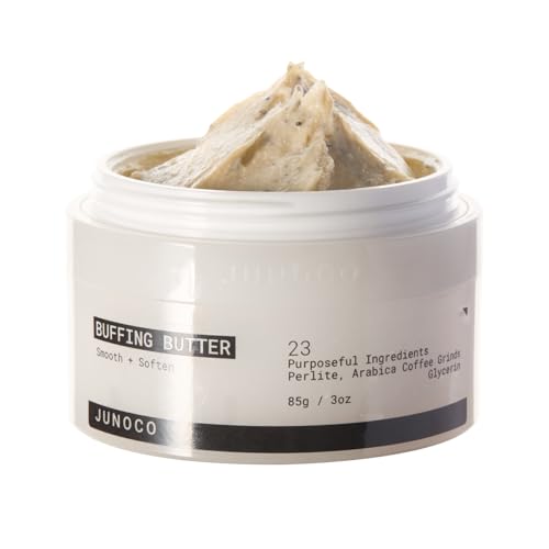 JUNOCO Silky Buffing Butter Scrub Gentle Exfoliating Body Scrub for Smooth Skin Creamy Body Polish with Perlite Arabica Coffee Grinds & Glycerin Pear-Floral Scent 85 g