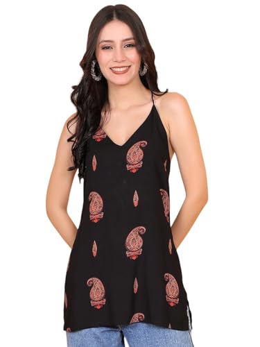 Image of StyFun Women Viscose Rayon Ethnic Motifs Printed Sleeveless Kurti with V-Neck Black Ideal Gift for Girls