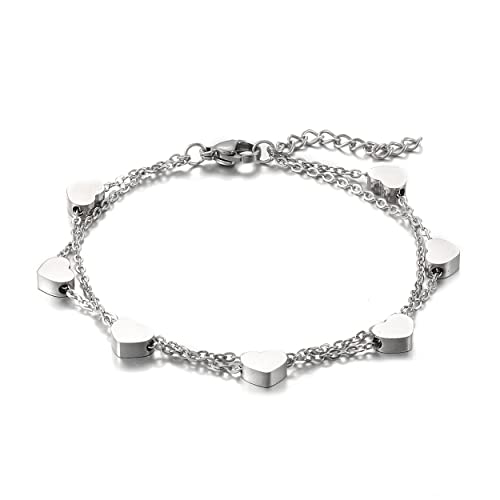 HSWYFCJY Silber Damen Armband mit Herz Anhängern,Layered Doppelt Kette Armband für Frauen,Armkette Edelstahl für Mädchen