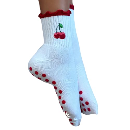 Non-Slip Pilates Socks with Grips for Women | Cute Grip Socks for Yoga Ballet Barefoot Workout | Design Anti Skid Athletic Socks | Set of 1| Size 5-9 US Womens | Cherry Quarter Fit Ruffles