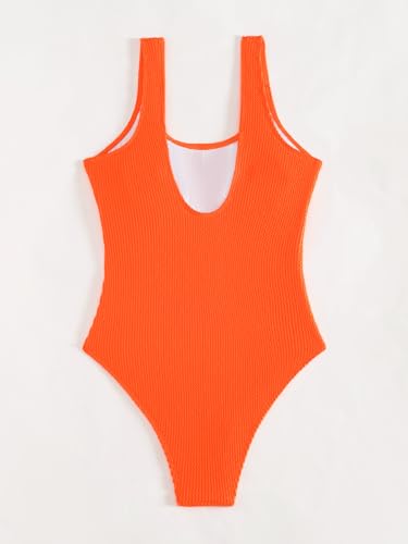 Image of Limeeke Women One Piece Swimsuit Solid Ribbed Monokini Swimwear Scoop Neck Low Back Bathing Suit