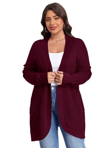 Image of LARACE Long Cardigans for Women Plus Size Tops Open Front Sweaters with Pockets Waffle Ribbed Sleeve Loose Fall Outwear