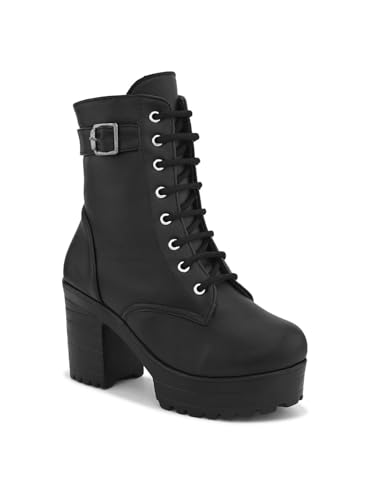 Image of XE Looks 100% Vegan Leather Women's Lace-Up Chunky Heel Ankle Boots with Buckle Detail | Trendy, Lightweight, Stylish, Comfortable and Soft, Trendy Heel Boots for Girls & Women