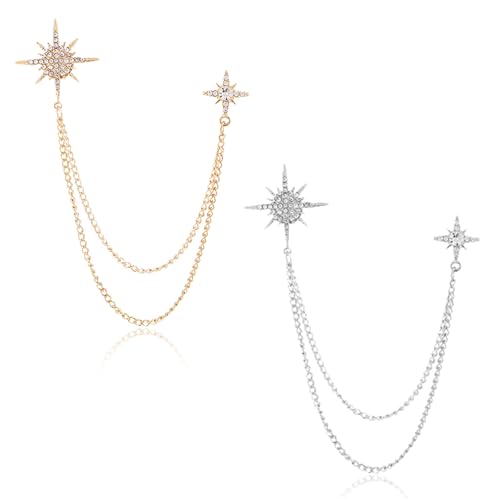 Image of 2PCS Crystal Hanging Chain Brooch Suit Pin for Men Women Vintage Crown Cross Star Diamond Broochs Gold and Silver Wedding Brooch for Clothes Dress Hats Bags Accessory