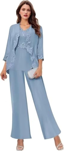 3 Pieces Mother of The Bride Pant Suit for Women Dressy Chiffon Lace Wedding Outfit Set with Jacket