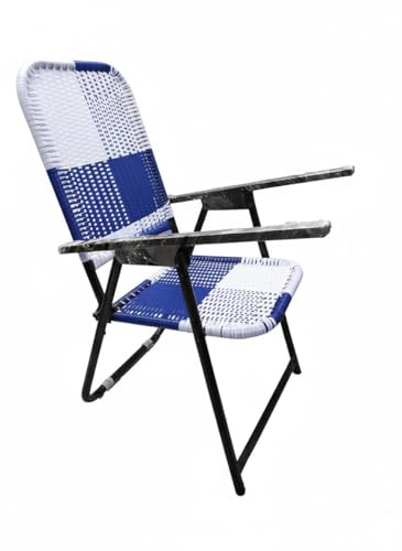 Image of Portable Folding Study Chair with Armrests, Blue and White Woven Design, Iron Frame, 8mm Laptop Reading Pad, Lightweight, for Home, School and Outdoors