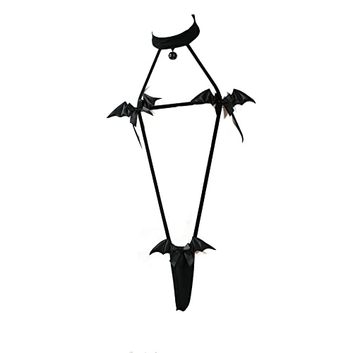 JasmyGirls Mujer Sexy Devil Cosplay Lencería Halloween Anime Micro Bikini Kawaii Sujetador Panty Japanese Bat Slingshot Traje Gótico, Negro , X-Small - Large