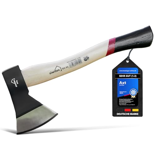 siwitec Holzaxt SH-80, Axt mit Hickory-Stiel und C45 Carbon Klinge, Länge: 36 cm, Kopfgewicht: 800 g, Beil, Spaltaxt Holz, Universalaxt, Beil