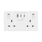 LIDER 2-Gang Switched 13A Socket with USB TYPE C & A, Power Delivery Fast Charging Wall Socket, Total Output 65W, PD 60W Max USB-C Output, Child Safe, Glossy Finish, White (Use a 35mm-deep back box)