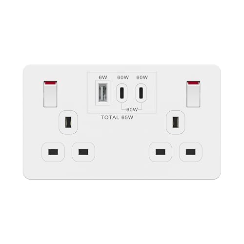 LIDER 2-Gang Switched 13A Socket with USB TYPE C & A, Power Delivery Fast Charging Wall Socket, Total Output 65W, PD 60W Max USB-C Output, Child Safe, Glossy Finish, White (Use a 35mm-deep back box)