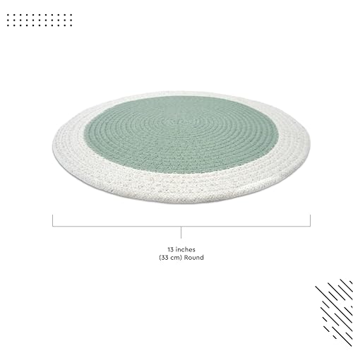 Image of Dining Table Mats Set of 4 | Cotton Table Mat 32 cm Diameter, Encasa XO Washable Round Table Mats, Heat Resistance Dining Table Placemats, Handmade Ribbed Style for Centre Table, Sage & Off White