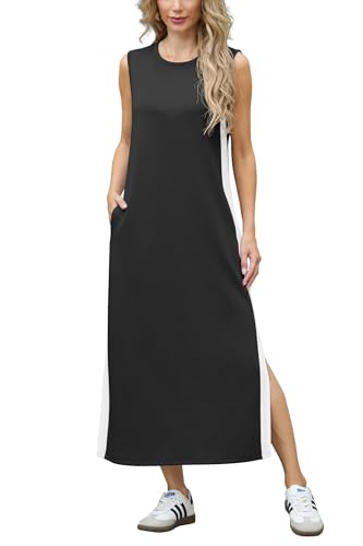 GRECERELLE 2025 Women Summer Color Blocking Round Neck Sleeveless Casual Wrinkle-Free Side Split Maxi Dress with Pockets