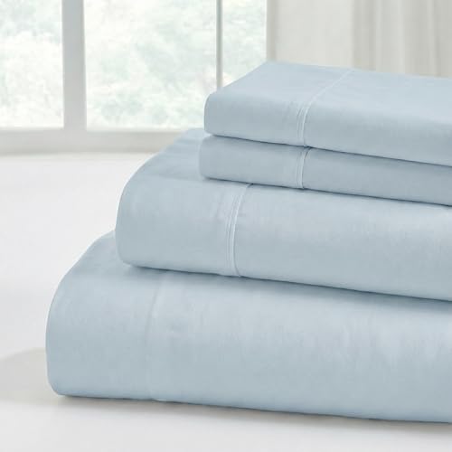 Modern Threads Soft Microfiber Solid Sheets - Luxurious Microfiber Bed Sheets - Includes Flat Sheet Fitted Sheet with Deep Pockets & Pillowcases Blue Mist Queen