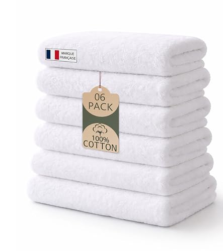 Caramont Lot de 6 Serviettes de Bain 70x140 cm – 100% Coton, Ultra Douces, Très Absorbantes, Séchage Rapide, Qualité Hôtelière – Blanc – pour Salle...