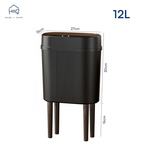 Image of House of Quirk 12L Trash Can with Lid & 4-Leg Stand | Slim Modern Plastic Dustbin for Bathroom, Kitchen & Bedroom | Durable Oval Waste Bin (Grain Black)