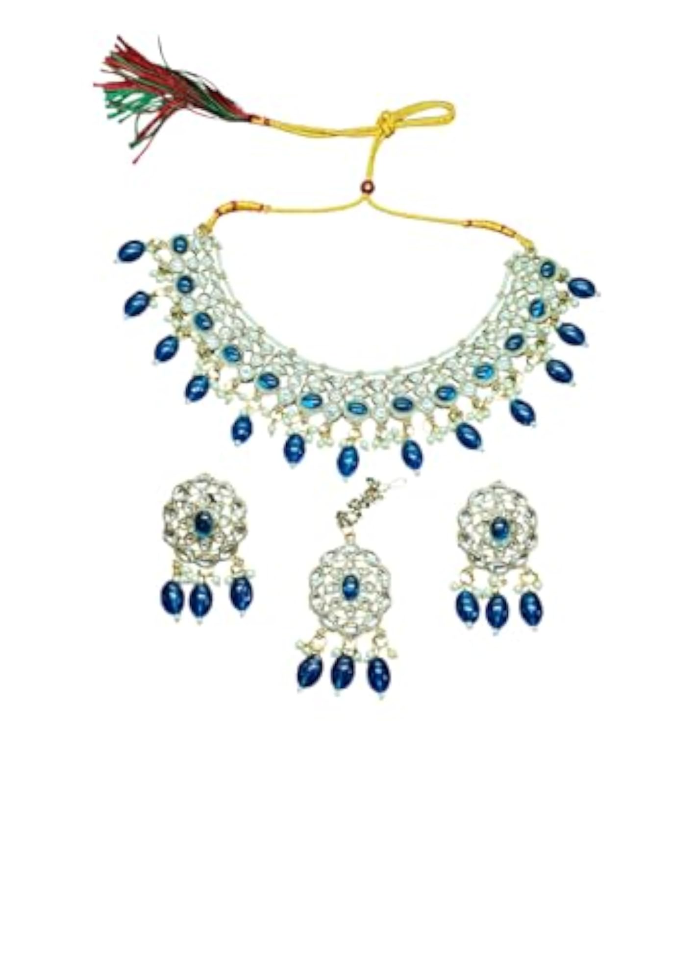 White Plated Oval Beaded Kundan Choker Necklace Set