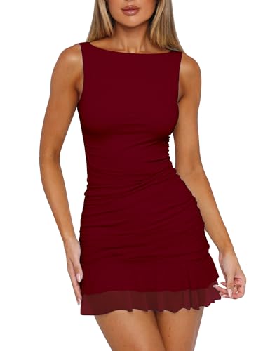 HOCILLE Women's Sexy Bodycon Boat Neck Mini Dresses Sleeveless Ruched Ruffle Hem Club Party Short...