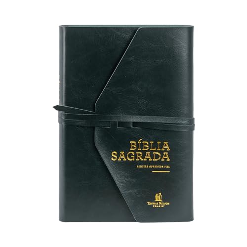 Bíblia ACF: letra grande com fechamento em tira, courosoft verde artesanal, Leitura Perfeita: Almeida Corrigida Fiel: