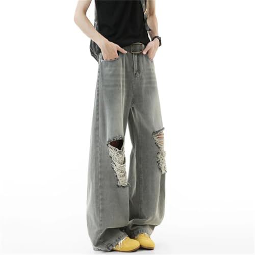 Men’s Loose Fit Denim Pants, Hole Design, Solid Color, Straight Baggy Jeans, Trendy Summer Fashion4