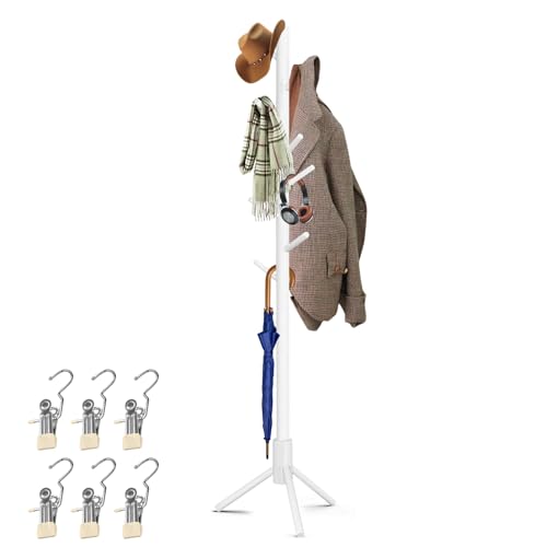 KATLKIU Porte-manteau en Bois de Pin avec 8 Crochets + 6 Clips Inox – Porte-manteau Moderne Gain de Place pour Entrée, Chambre, Bureau(Blanc)