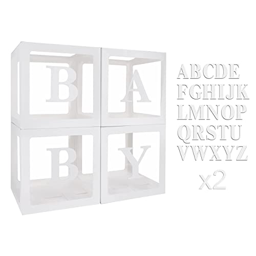 4 Boîtes Baby Shower avec 52 Lettres(A-Z), Cube Lettre Prenom Blanc Transparent Décoration pour Baby Shower Fille Garçon, Fête d'Anniversaire, Gender...