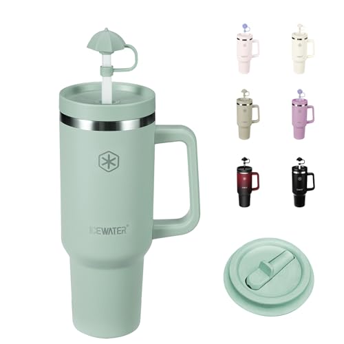 Image of ICEWATER 40 oz Tumbler with 2 Lids (Regular Straw and Flip Straw) | 100% Leak-proof Insulated Tumbler with Handle, Cup Holder Friendly, Stainless Steel Water Bottle, Secure Twist-Lock Straw