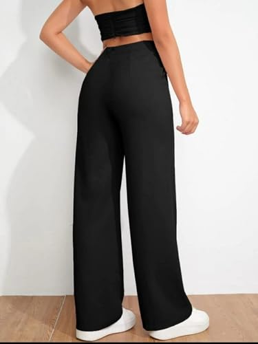 Image of Broadstar Women Black Wide Leg Loose Fit High-Rise Stretchable Formal Trousers