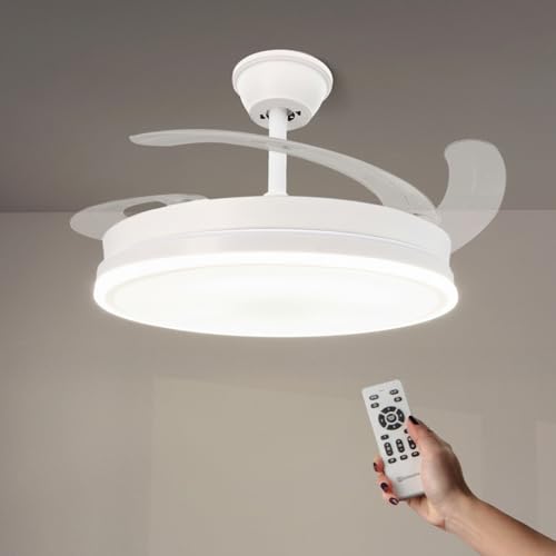 M mimotec - White Olga Ventilador de Techo LED 66W con Luz CCT Regulable y Control de Intensidad, Motor DC 30W+Luz Led 36W, Silencioso, 6 Velocidades, 4 Aspas Retráctiles, Temporizador.