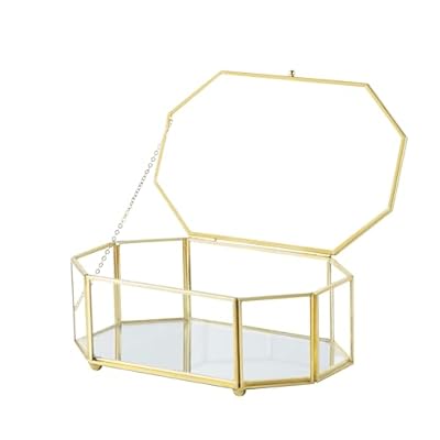 Kendiis Glass Jewelry Box, Vintage Octagon Gold Keepsake Box Organizer Box Vanity Lidded Box Home Decor Accent Decorative Box for Storage Trinket Rings Bracelet